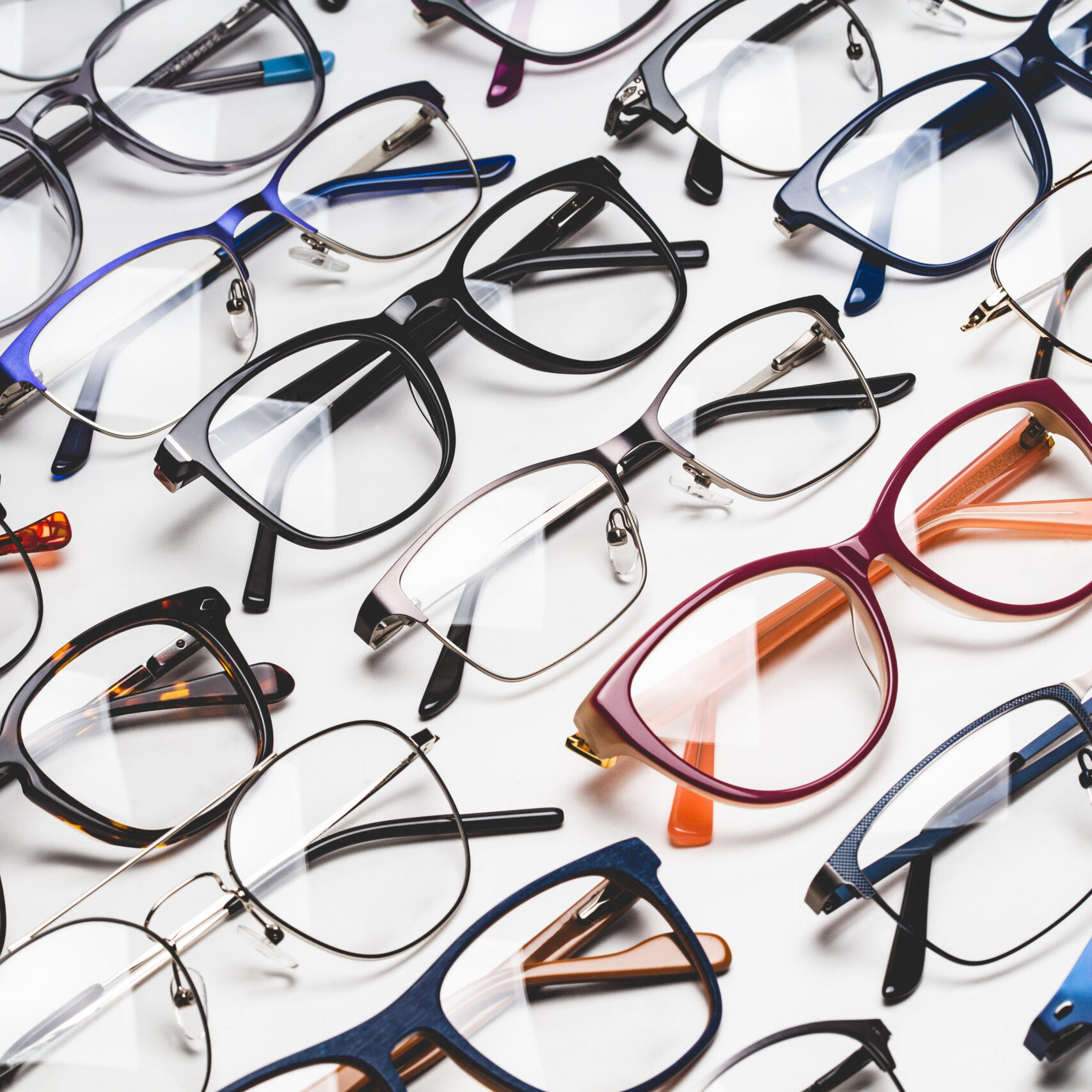 Full frame shot of glasses isolated - Different colors and styles - Fashion accessories